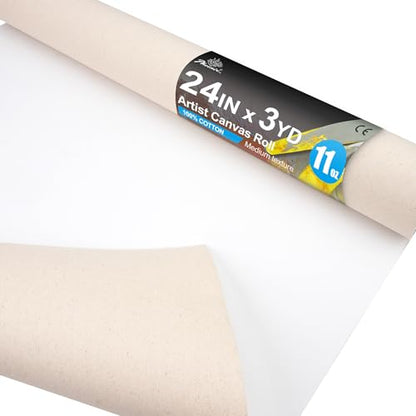 PHOENIX 24 Inch Wide x 3 Yard (9 Feet) Long Canvas Roll | 100% Cotton 11 Oz. Gesso Primed, Ready to Use Unstretched Professional Roll of Canvas for Oil & Acrylic Painting - size: 24 inch x 3 yard, style: 11 oz.