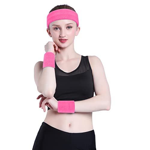 ONUPGO Sweatband Set Sports Headband Wristband Set Sweatbands Terry Cloth Wristband Wrist Sweatband Headbands Moisture Wicking Sweat Absorbing Head Band - color: Pink