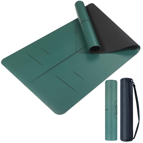 Natural Rubber Yoga Mat - Non Slip Non Toxic - 5mm Thick Yoga Mat for Hot Yoga/Pilates - Extra Large 26.8’’ with Alignment Guide - Sweat Proof - with Carrying Bag - color: Forest Green