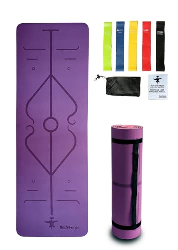 BodyForge Yoga Mat Thick Exercise Mat Thick Non-Slip Extra Thick High-Density Pilates & Resistance Exercise Loop Exercise Bands with Instruction Guide and Carry Bag, Set of 5 Bundle - color: Purple