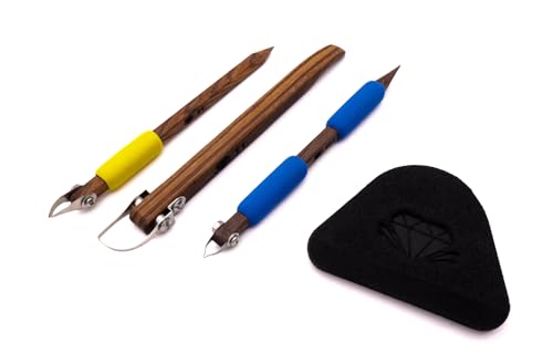 DiamondCore Tools: 4-Pack Pottery Carving, Trimming, Sgraffito, Sponge Set – P1, T1, FP1, SP1 Clay Sculpting Tool Set for Ceramics Artists (Set 1)