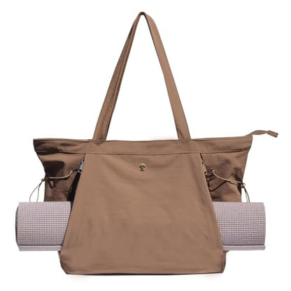 ESVAN Yoga Tote Bag for Women Shoulder Bags Drawstring for Office Workout Travel Carryall Pilates Gym and Beach - color: Coffee