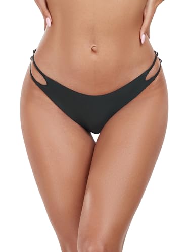 Colloyes Women's Low Waisted Bikini Bottoms Double Straps Cut-Out Cheeky - color: Black, size: Large