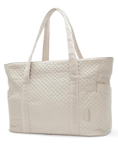 BAGSMART Crush Tote Bag for Women, 20L Puffer Work Tote with Zipper, Travel Essentials Quilted Nurse Hospital Bag - color: Beige