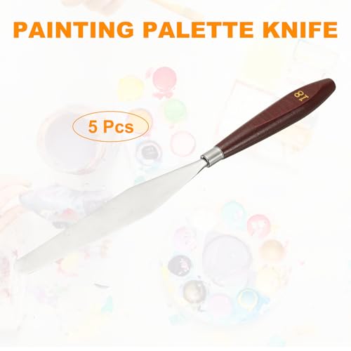 HARFINGTON 5pcs Palette Knife Painting Tool 5.35x0.94 with Beech Red/Silver | Stainless Steel, Art Spatula Pallet Knives Scrapers Tools, for Acrylic Oil Canvas Mixing Spreading, Wood Handle