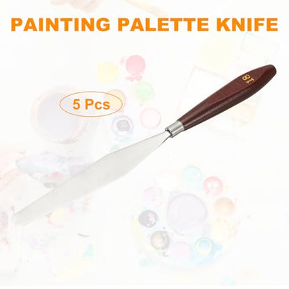 HARFINGTON 5pcs Palette Knife Painting Tool 5.35x0.94 with Beech Red/Silver | Stainless Steel, Art Spatula Pallet Knives Scrapers Tools, for Acrylic Oil Canvas Mixing Spreading, Wood Handle