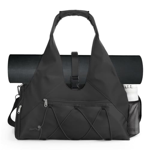 Forestfish Gym Bag For Women With Yoga Mat Holder, Black | Shoe Compartment, Wet Dry Storage Pocket, Removable Shoulder Strap, Lightweight & Water Resistant - color: Black