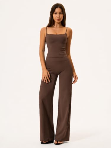 Womens Two Piece Workout Sets Spaghetti Straps Crop Top Matching Straight Leg Pants Gym Yoga Pilates Outfits - color: Brown, size: Large