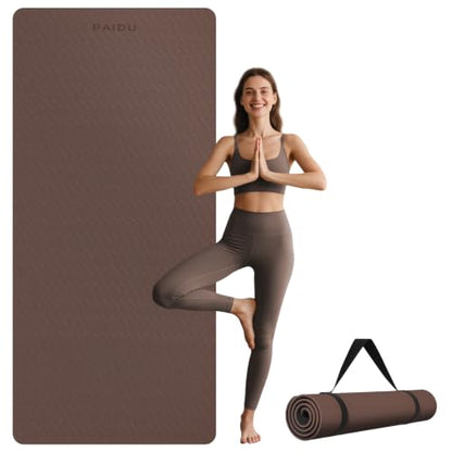 PAIDU Extra Long Wide Yoga Mat, （10mm） Thick Non-Slip Exercise Mat 76"x33" | large mat, ideal for yoga, Pilates & home gym, with non-slip grip & cushioning for all exercises. - color: Dark brown + Black
