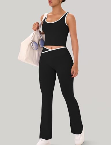 Womens Workout Sets 2 Piece Flare Leggings Contrast Top - color: Black, size: Medium