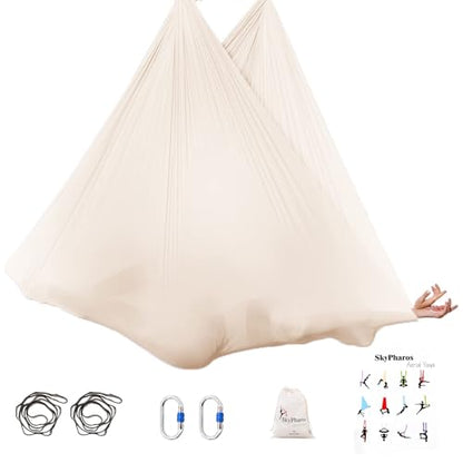 5.5 Yards Aerial Silks Yoga Swing Set - Aerial Yoga Hammock Kit Anti-Gravity Flying for Fitness, Low/Non Stretch Nylon Tricot Fabric Hardware Included for Dance - color: CHAMPAGNE