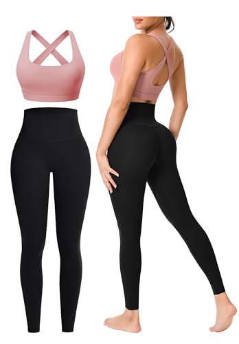 Workout Sets for Women 2 Pieces Seamless Yoga Legging Removable Bra Padding - color: Grapefruit Pink, size: X-Large