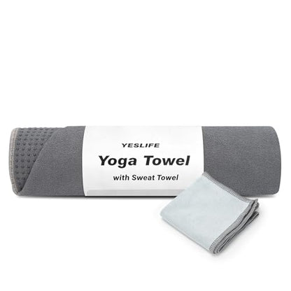 YESLIFE Non-Slip Yoga Towel, 72"x24", Grey | Microfiber yoga mat towel, grip dots, sweat absorbent, hot yoga Pilates workout, includes sweat towel, Grey - color: Grey