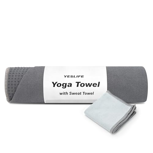 YESLIFE Non-Slip Yoga Towel, 72"x24", Grey | Microfiber yoga mat towel, grip dots, sweat absorbent, hot yoga Pilates workout, includes sweat towel, Grey - color: Grey