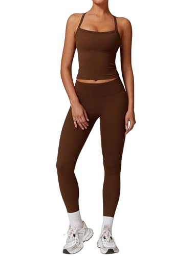 QBGJTD Womens Workout Sets Two Piece Cross Back Tank Top Matching High Waist Leggings Sets Gym Outfits Work Out Clothes - color: Brown, size: Small