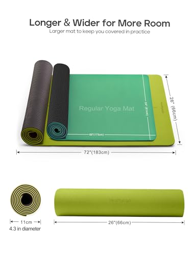 Heathyoga Yoga Mat Non Slip TPE Pilates Exercise Mats for Home Workout Gym Fitness Eco Friendly Thick Hot Yoga Mat with Strap Body Alignment,72"x 26" Thickness 1/4" - color: Grass Green