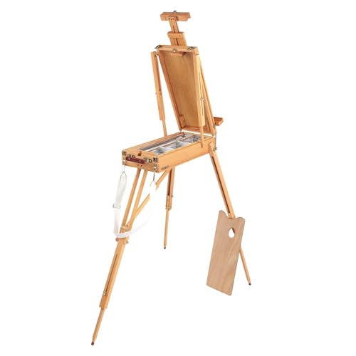 Grand Luxe Half Box French Easel - Premium Oiled Beechwood Painting Kit with Wooden Easel Stand for Painting, Adjustable Height 44-71 Inches, Metal Lined Drawer, Leather Handle, Brass Hardware - size: Half Box