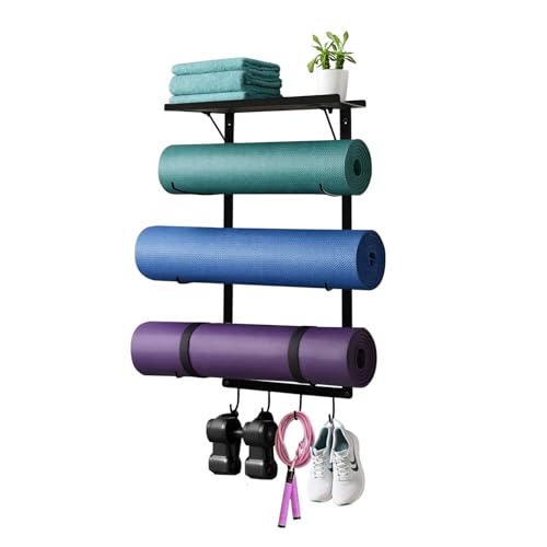 Yoga Mat Holder Wall Mount, Wall Mounted Yoga Mat Storage Rack with Shelf & Hooks, Home Gym Yoga Accessory Organizer for Mats, Foam Roller, Bands & Workout Equipment