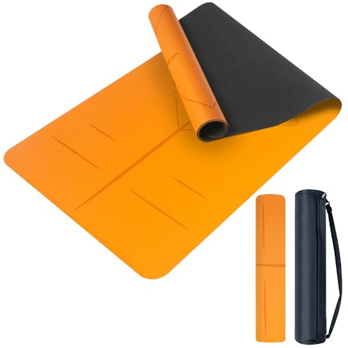 Natural Rubber Yoga Mat - Non Slip Non Toxic - 5mm Thick Yoga Mat for Hot Yoga/Pilates - Extra Large 26.8’’ with Alignment Guide - Sweat Proof - with Carrying Bag - color: Vibrant Orange