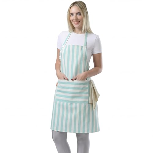 TOSHEX Kitchen Apron Cotton Waterdrop Resistant Adjustable Button Women Men | Premium Cotton Cooking Apron with Pocket. Striped, Gift, Green - color: Green