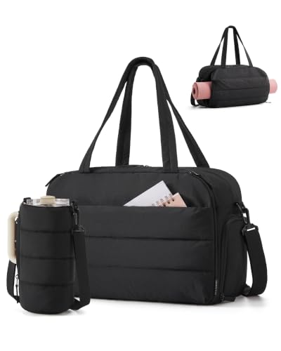 BAGSMART 2 Set Gym Bag for Women, Yoga Bag with Water Bottle Holder | For yoga travel sports dance, 25L pilates bag, overnight duffle bag - color: Charocal, style: Puffer Crossbody