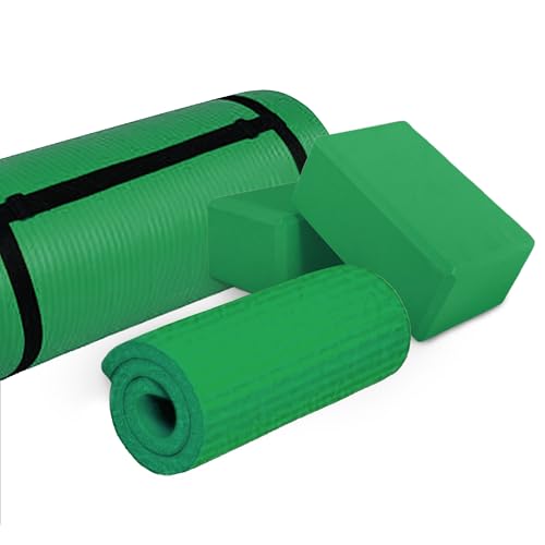 BalanceFrom 71x24 Inches Yoga Mat with Knee Pad and Optional Blocks – Extra 1-Inch Thick Non-Slip Foam with Anti-Tear Surface and Carrying Strap for Home, Studio, or Gym Workouts - color: Green, style: Mat & Knee Pad & Yoga Blocks