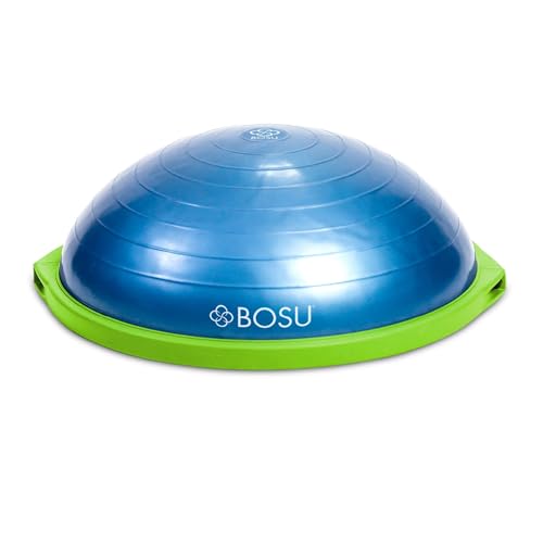 Bosu Balance Ball Exercise Trainer, Home Gym Equipment w/Guided Workouts & Pump, 26" Inflatable Fitness Platform for Strength Training, Standing, Balancing, and Core Workout - color: Blue/Green