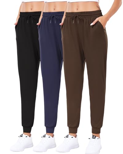3Pack Joggers for women, Women sweatpants with pockets lounge casual pants - color: Black/Navy Blue/Brown, size: XX-Large-3X-Large