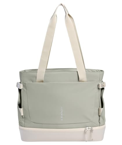 STANLEY Vitalize Tote| Gym, Work & Travel Bag with Laptop Sleeve | Expandable Bottom Compartment | Tumbler & Water Bottle Pockets | Durable Recycled Fabric | Sage Grey - color: Sage Grey, size: Tote
