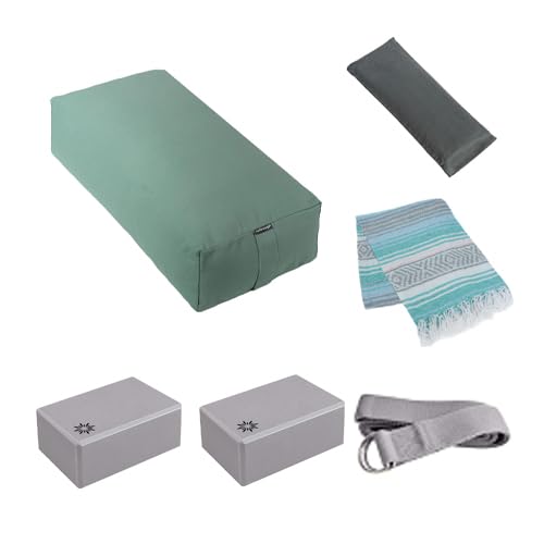 6 Piece Restorative Yoga Kit | Includes 1 Yoga Bolster (24"x12"x6"), 2 Blocks (4"x6"x 9"), 1 6ft D-Ring Strap, 1 Mexican Blanket, 1 Unscented Eye Pillow - color: Sage