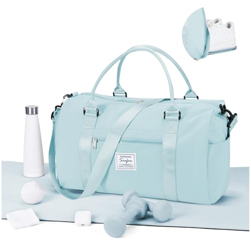 Gym Bag for Women Men with Shoes Compartment,Sports Duffle Bag Personal item travel Duffel Bags Tote Bag Small Carry on Weekender Overnight Bag Workout Dance Bag Hospital Holdalls Light Blue - color: A5-Light Blue
