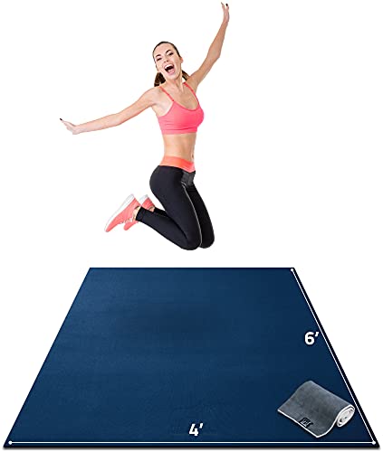 Gorilla Mats Large Exercise Mat – 6'x4', 7'x4', 7'x5', 8'x4', 10'x4' (1/4" Thick) – Ultra Durable Workout Mat for Home Gym Flooring – Non-Slip, Flat Fitness, Yoga & Weight Lifting Floor Mat - color: Midnight Blue Mat with Gray Towel, 2 Storage Straps and