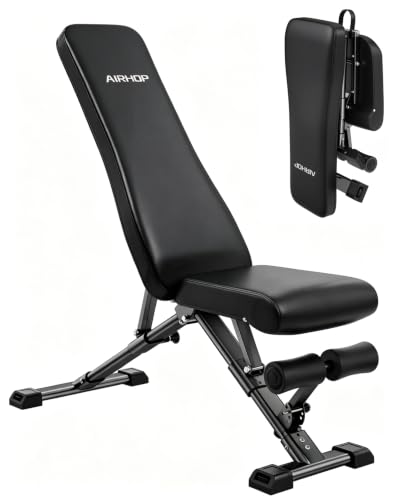 AIRHOP Foldable Workout Bench, 90° to -30° FID Weight Bench for Home Gym | Backrest, Seat, Leg Bar Adjustable, MAX 1000 LBS, 8-Pos Backrest, 3-Pos Seat, 4-Level Leg Support, 19.4" Extended Base Stable