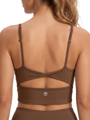 Aoysky Womens Strappy Sports Bra Adjustable Cross Back Longline Crop Top | Buttery soft fabric, Removable padded cups, Convertible straight/cross back, U-neck longline, Yoga gym pilates daily wear - color: Brown, size: X-Small