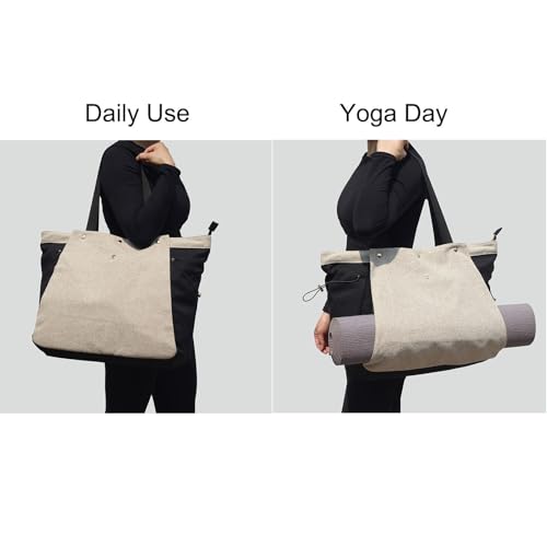 ESVAN Yoga Mat Bag, Gym Bag Tote Bag with Multi Pockets For Women Drawstring Yoga Mat Carrier Pilates Travel Workout Office - color: Linen Black Beige
