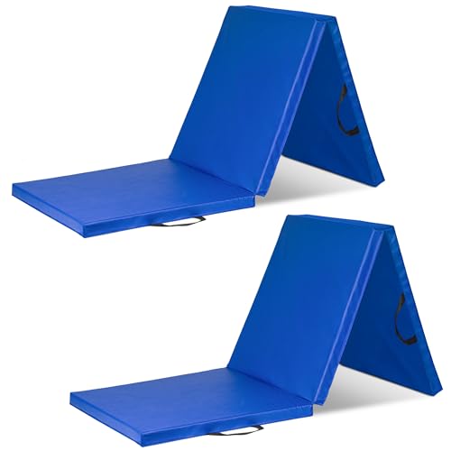 ProSource 3단 접이식 두꺼운 운동 매트 1.8 x 5.1cm(6 x 2피트) 휴대용 손잡이 포함, MMA, 체조, 스트레칭, 코어 운동용 - color: 블루., style: 2개 팩