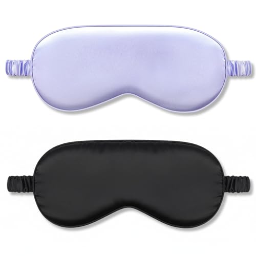 IEKEODI 2 Pack Silk Sleep Masks, Light Blocking Eye Masks, Black & Purple | Silky Soft Feel, Light Blocking Design, Gentle Elastic Fit, Breathable Comfort for Sleep, Travel and Naps - color: Black+purple