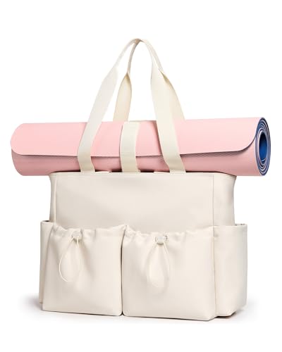 KALIDI Yoga Mat Bag Gym Bag for Women Tote with Pockets, Workout Bag Handbag with Zipper for Travel Sport Pilates Work Commute - color: 1 Beige