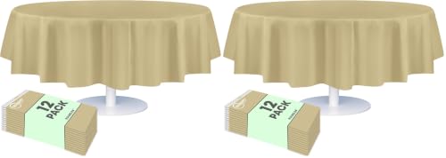 Grandipity 24 Pack Premium Disposable Plastic Tablecloth 84" Inch Decorative Round Table Cover - Beige - color: Beige, size: 84in. Round (Pack of 2)