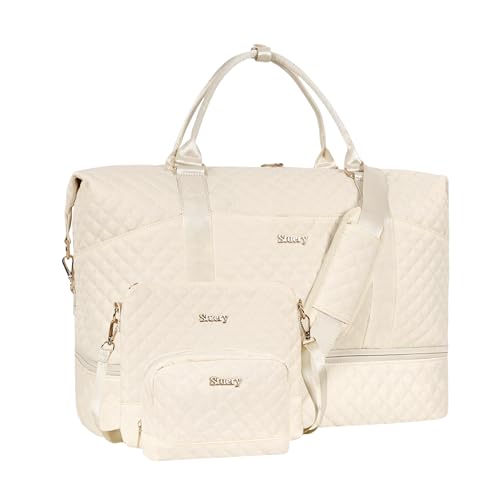 Weekender Bag, Large Travel Duffel Bag for Women, Carry on Overnight Bag with Shoe Compartment and Toiletry Bags - color: H-3PCS Beige White