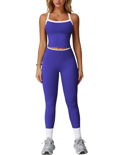 QBGJTD Womens Workout Sets Two Piece Cross Back Tank Top Matching High Waist Leggings Sets Gym Outfits Work Out Clothes - color: Colorblock Navy Blue, size: X-Large