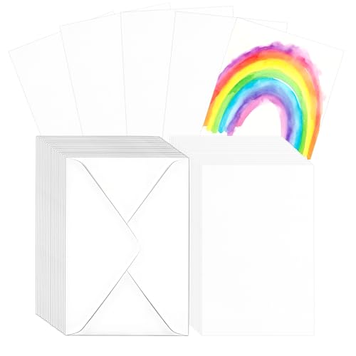 50 Sets Pure Watercolor Cards with Envelopes, 140lb/300GSM Cotton Watercolor Paper Cards,Used for Art and Painting Creative Thank-You Letters, 4x6 inch - size: 4 x 6in