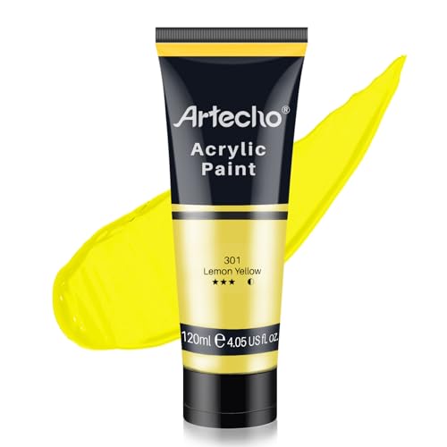 Artecho Yellow Acrylic Paint, Lemon Yellow Paint (120ml / 4.05oz) Tubes, Art Craft Paints for Canvas, Rock, Stone, Wood, Fabric, Art Supplies | Semi Glossy Finish, High Pigment Rich Color Craft Paint for Canvas, Rocks, Wood, Fabric, Ceramic, Non-Toxic - c