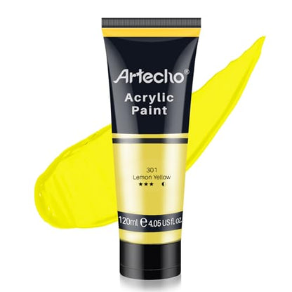 Artecho Yellow Acrylic Paint, Lemon Yellow Paint (120ml / 4.05oz) Tubes, Art Craft Paints for Canvas, Rock, Stone, Wood, Fabric, Art Supplies | Semi Glossy Finish, High Pigment Rich Color Craft Paint for Canvas, Rocks, Wood, Fabric, Ceramic, Non-Toxic - c
