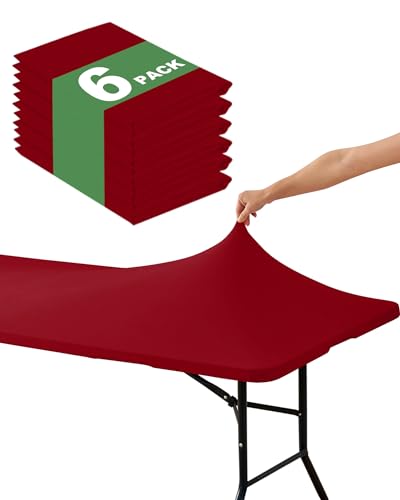 KeyWave Fitted Tablecloth Rectangle Table Cloths - 6 Pack 6 Foot Elastic Stretch Folding Table Top Cover Water-Resistant Reusable for Outdoor Picnic Camping Party Event, Red, 72" L x 30" W - color: Red, size: 6 ft - 6 Pack