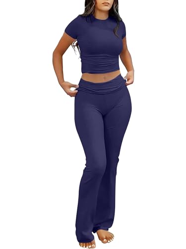 ANRABESS 2 Piece Lounge sets for Women | Crop Top & Foldover Flare Leggings, Yoga Workout Matching Sets, Comfy Stretchy, Trendy Y2k Clothes, Summer Wear Fall Layer - color: Navy Blue, size: Small