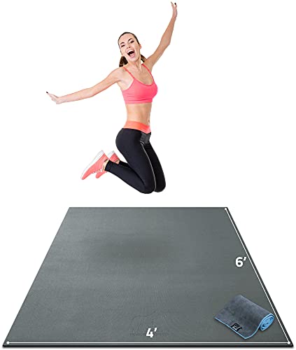 Gorilla Mats Large Exercise Mat – 6'x4', 7'x4', 7'x5', 8'x4', 10'x4' (1/4" Thick) – Ultra Durable Workout Mat for Home Gym Flooring – Non-Slip, Flat Fitness, Yoga & Weight Lifting Floor Mat - color: Silverback Gray Mat with Gray Towel, 2 Storage Straps an