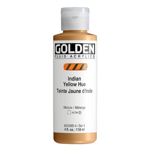 GOLDEN Fluid Acrylics, India Yellow Hue, 4 fl. oz. Bottle | Artist grade acrylic paint with rich pigment load and a flowing constency useful for even coverage and fine details.