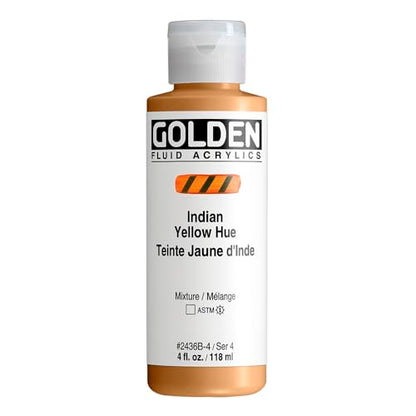 GOLDEN Fluid Acrylics, India Yellow Hue, 4 fl. oz. Bottle | Artist grade acrylic paint with rich pigment load and a flowing constency useful for even coverage and fine details.