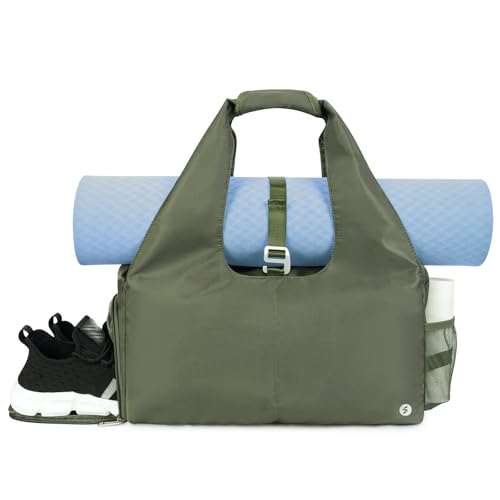 Sportsnew Tote Yoga Mat Gym Bag 20L Women W/Shoe Compartment Wet Dry Pocket | Water-Resistant Gym Tote - Mat Strap, Ventilated Shoe Bin, Wet Pocket, Padded Handle, Multi Pockets, Side Mesh & Key Clip - color: Army Green